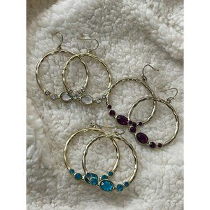 Vintage Gold Tone Faux Gemstone Hoop Dangle Earrings - 3 Pairs